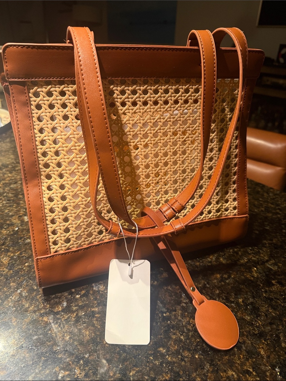 Brown and Tan Woven Tote Bag Leather Structured Handbag - NWT